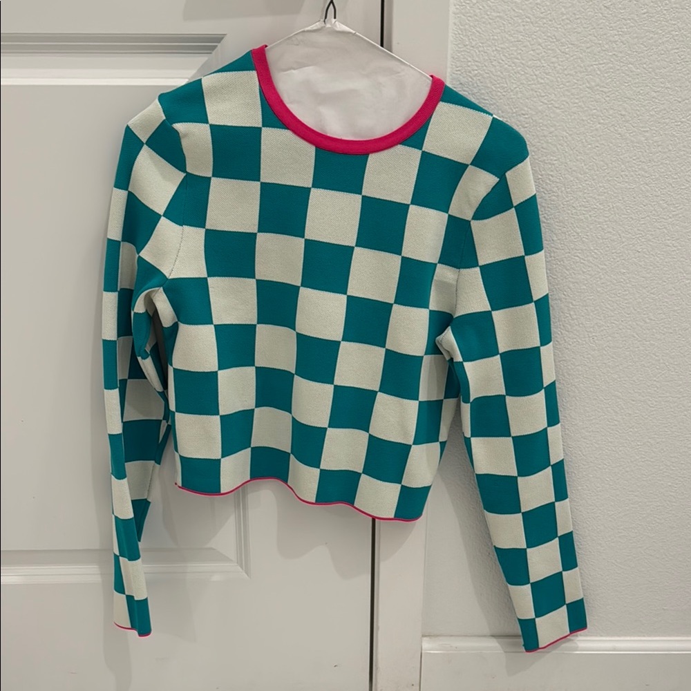 Zara Teal and White Checkered Crop Top